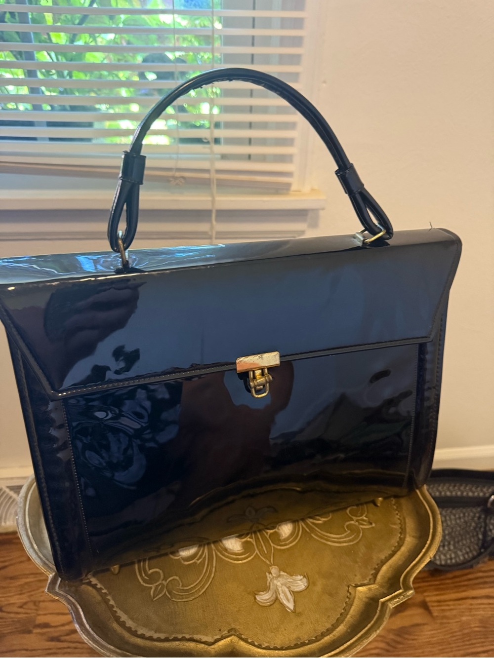 Vintage Patent Leather Satchel in Black with Gold Hardware